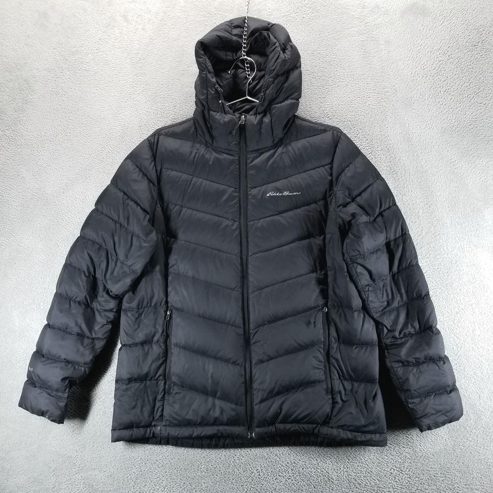 Eddie Bauer Jacket Mens L Black EB650 Down Puffer Hooded Full Zip Coat Outdoor
